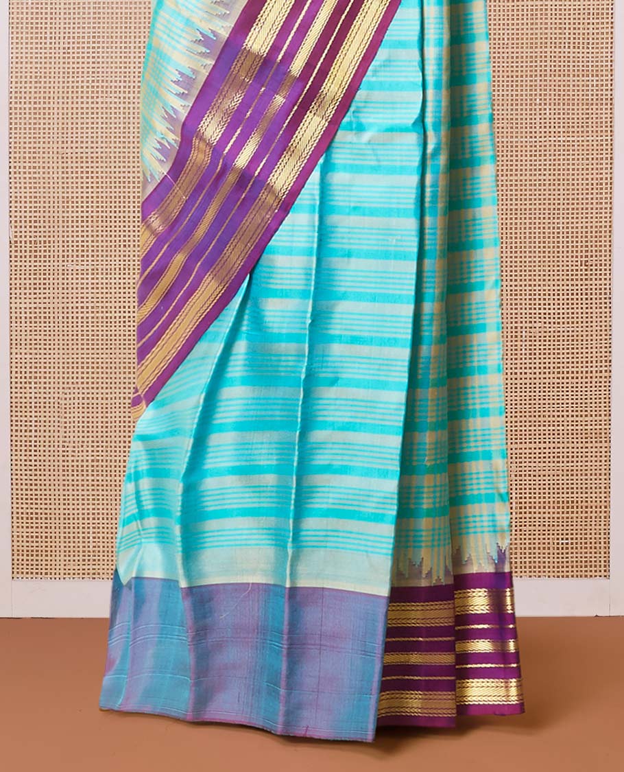 Blue checked woven gadwal silk saree, contrast vidarbha traditional zari border & pallu of zari stripes