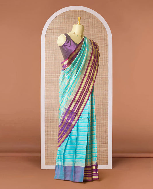 Blue checked woven gadwal silk saree, contrast vidarbha traditional zari border & pallu of zari stripes