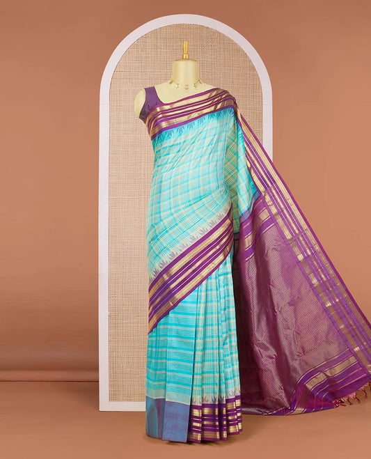 Blue checked woven gadwal silk saree, contrast vidarbha traditional zari border & pallu of zari stripes