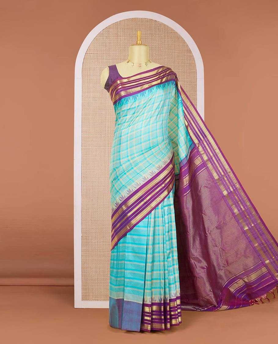 Blue checked woven gadwal silk saree, contrast vidarbha traditional zari border & pallu of zari stripes