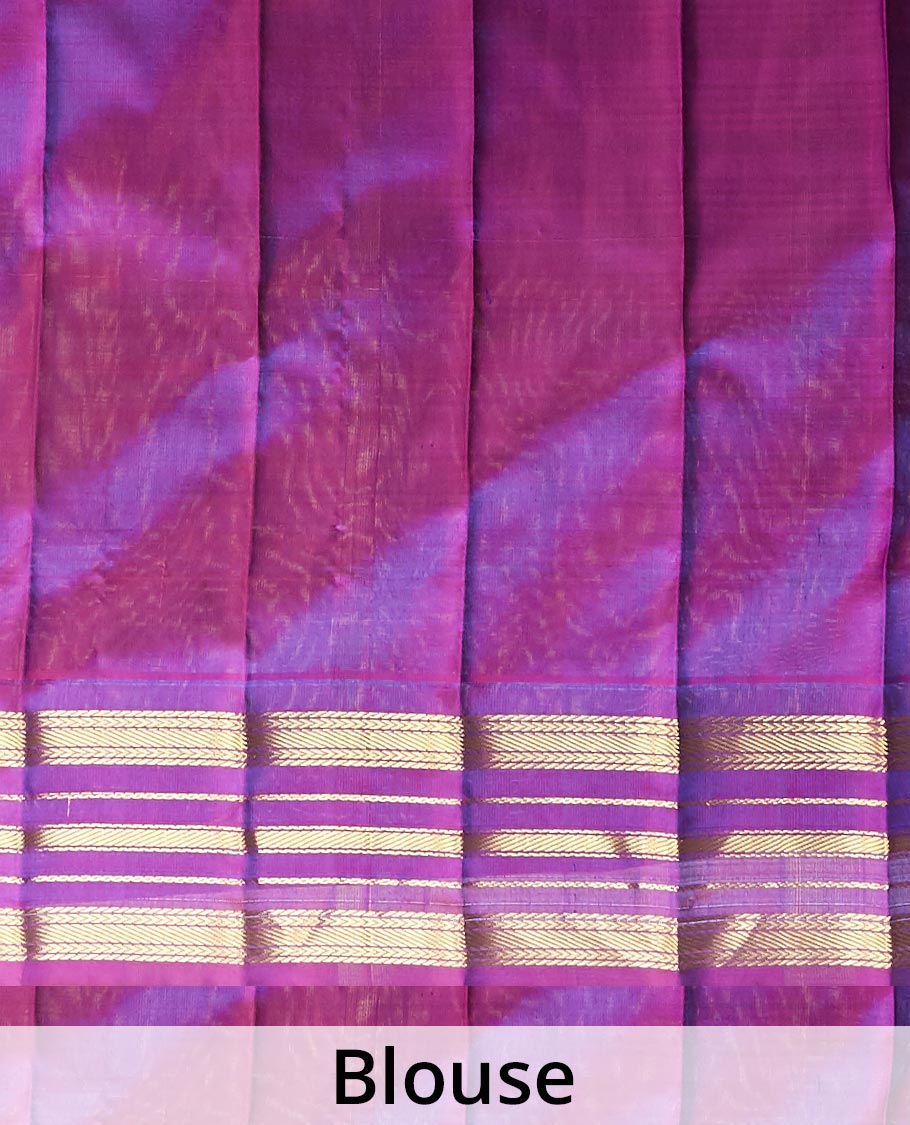 Blue checked woven gadwal silk saree, contrast vidarbha traditional zari border & pallu of zari stripes