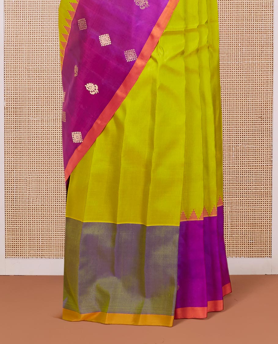 Green zari buttas gadwal silk saree, contrast vidarbha zari design border & pallu of floral creeper, paisley & geometric designs