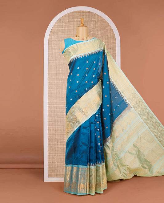 Blue zari buttas gadwal silk saree, contrast traditional zari design vidarbha border & jaal design pallu