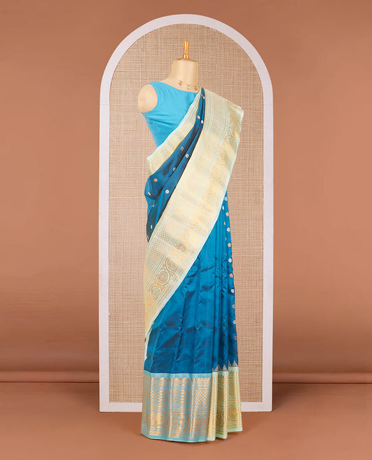 Blue zari buttas gadwal silk saree, contrast traditional zari design vidarbha border & jaal design pallu