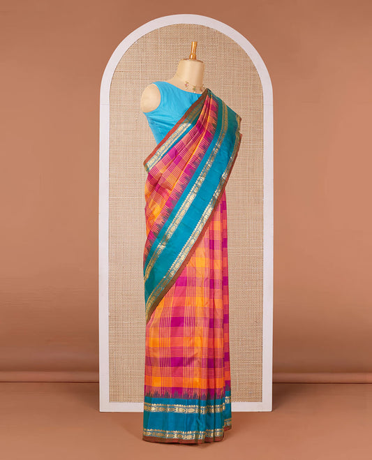 Multi-color micro-checked gadwal silk saree, contrast vidarbha traditional zari design border & zari-rich pallu