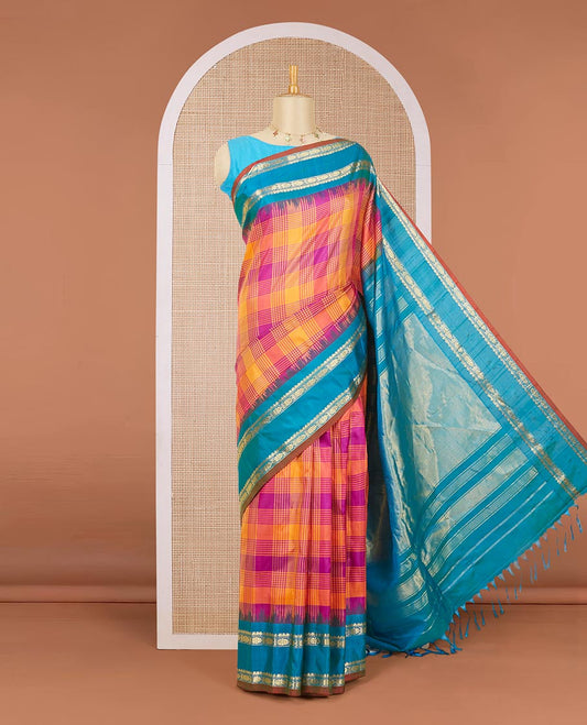 Multi-color micro-checked gadwal silk saree, contrast vidarbha traditional zari design border & zari-rich pallu