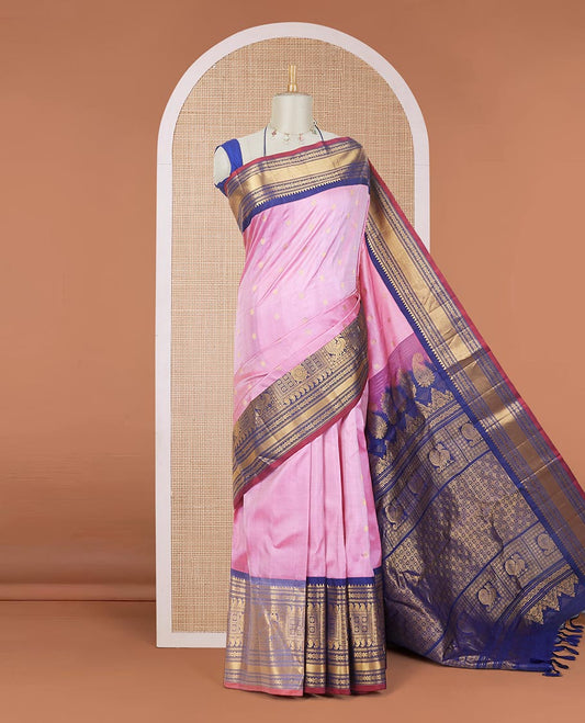 Pink zari buttas gadwal silk saree, contrast vidarbha traditional zari design border & zari design pallu