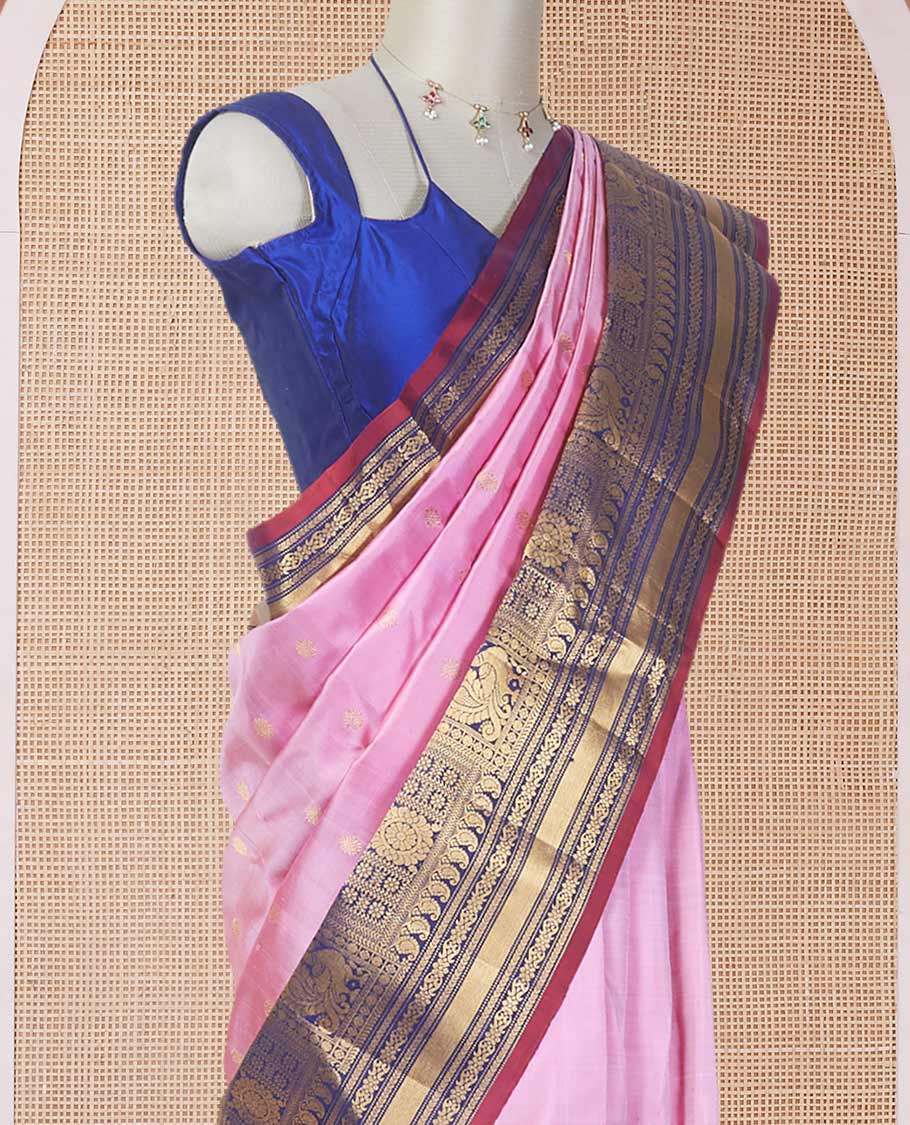 Pink zari buttas gadwal silk saree, contrast vidarbha traditional zari design border & zari design pallu