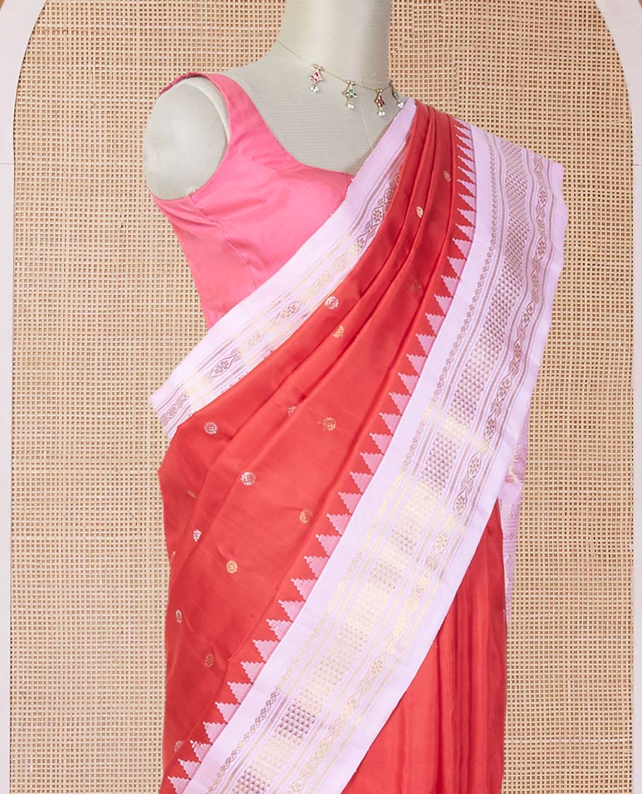 Red zari buttas gadwal silk saree, contrast vidarbha traditional zari design border & jaal pallu