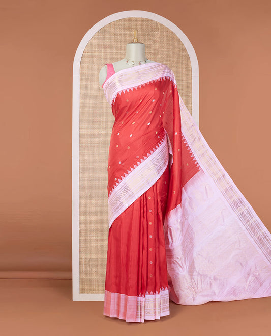 Red zari buttas gadwal silk saree, contrast vidarbha traditional zari design border & jaal pallu