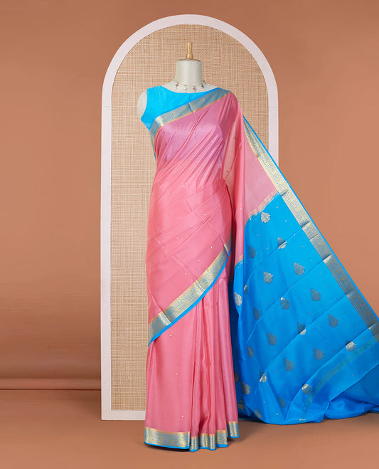 Pink zari buttas mysore silk saree, contrast traditional zari design border & pallu of zari buttas
