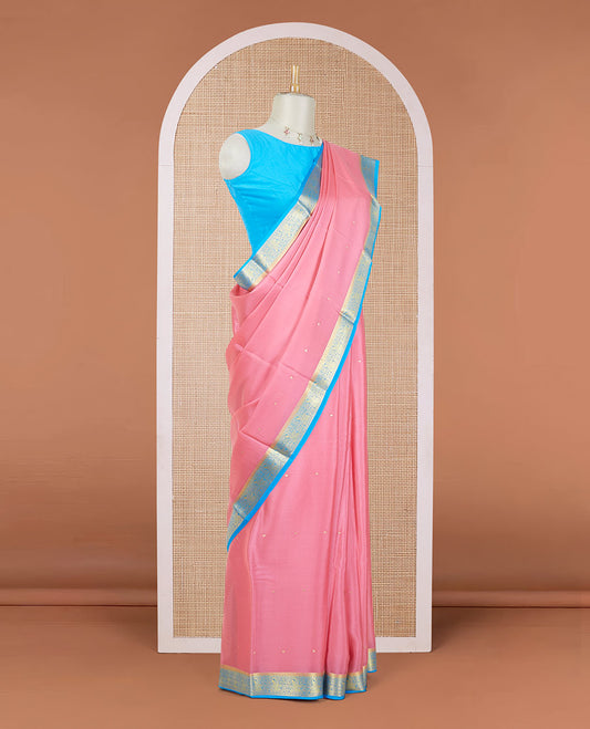 Pink zari buttas mysore silk saree, contrast traditional zari design border & pallu of zari buttas