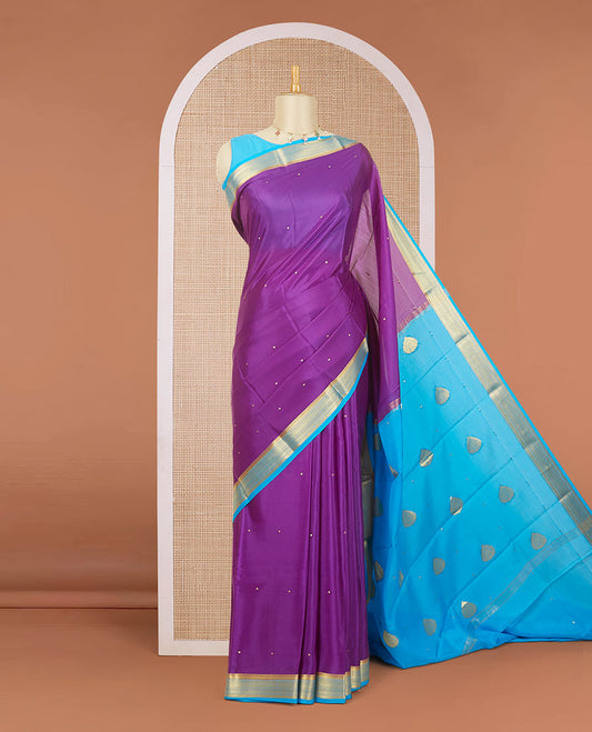 Violet zari buttas mysore silk saree, contrast traditional zari design border & pallu of zari buttas
