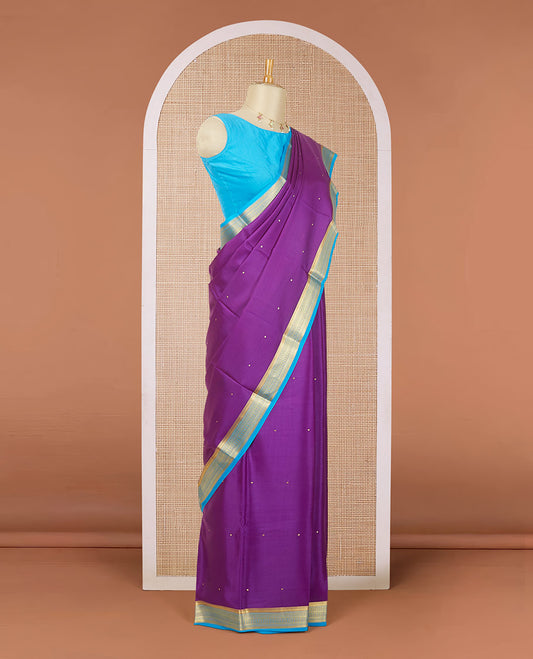 Violet zari buttas mysore silk saree, contrast traditional zari design border & pallu of zari buttas