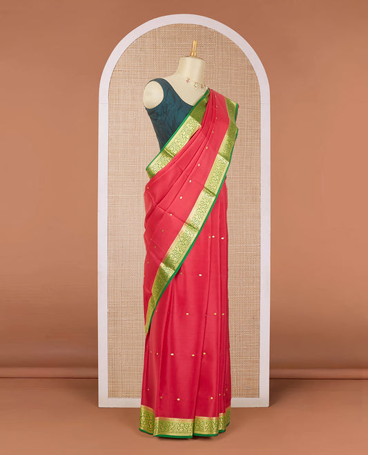 Red zari buttas mysore silk saree, contrast floral zari design border & pallu of zari buttas