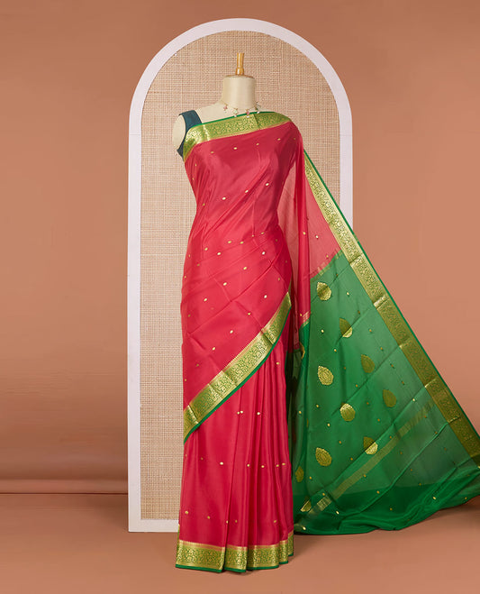 Red zari buttas mysore silk saree, contrast floral zari design border & pallu of zari buttas