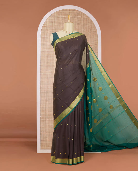 Chocolate brown zari buttas mysore silk saree, contrast traditional zari design border & pallu of zari designs
