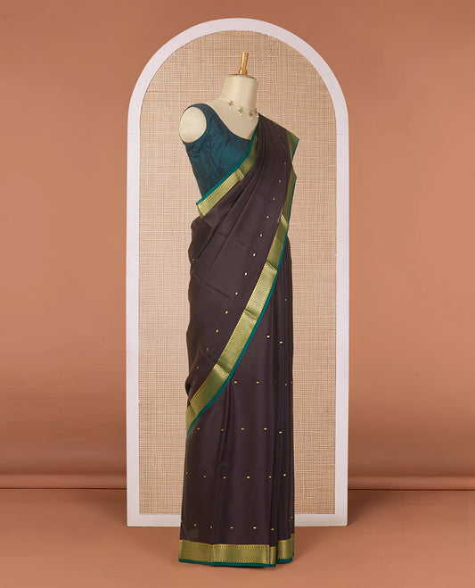 Chocolate brown zari buttas mysore silk saree, contrast traditional zari design border & pallu of zari designs