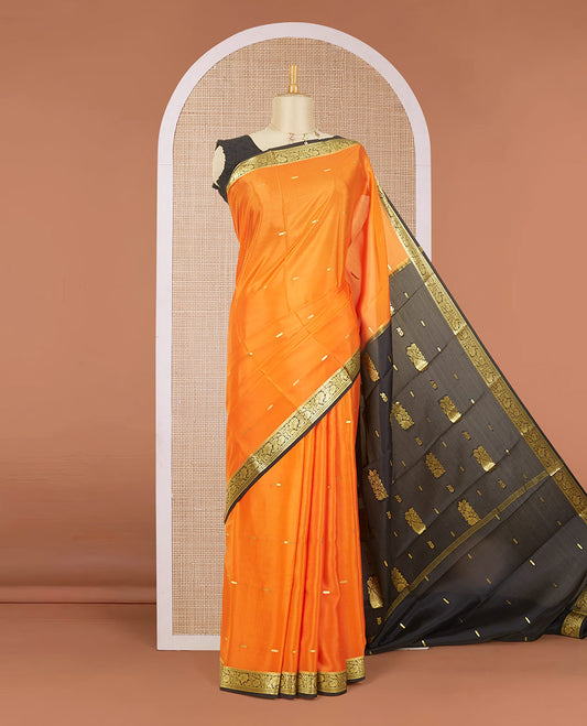 Fanta orange zari buttas mysore silk saree, contrast floral zari design border & pallu of floral zari designs