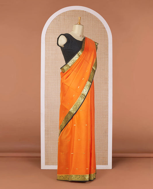 Fanta orange zari buttas mysore silk saree, contrast floral zari design border & pallu of floral zari designs