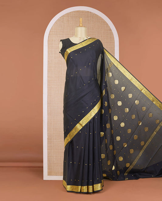 Black zari buttas mysore silk saree, floral zari design border & pallu of zari designs
