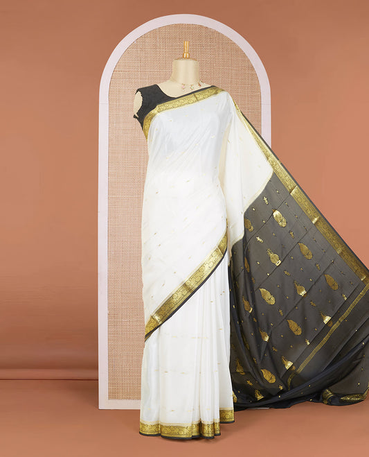 Cream zari buttas mysore silk saree, contrast traditional zari border & pallu of zari designs