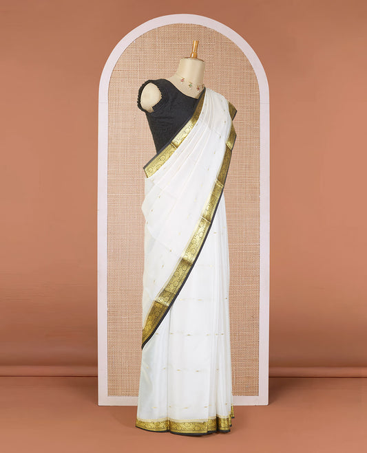 Cream zari buttas mysore silk saree, contrast traditional zari border & pallu of zari designs