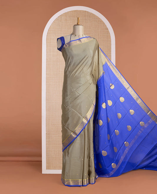 Cement grey zari buttas Mysore silk saree, contrast floral creeper zari border & zari motifs pallu