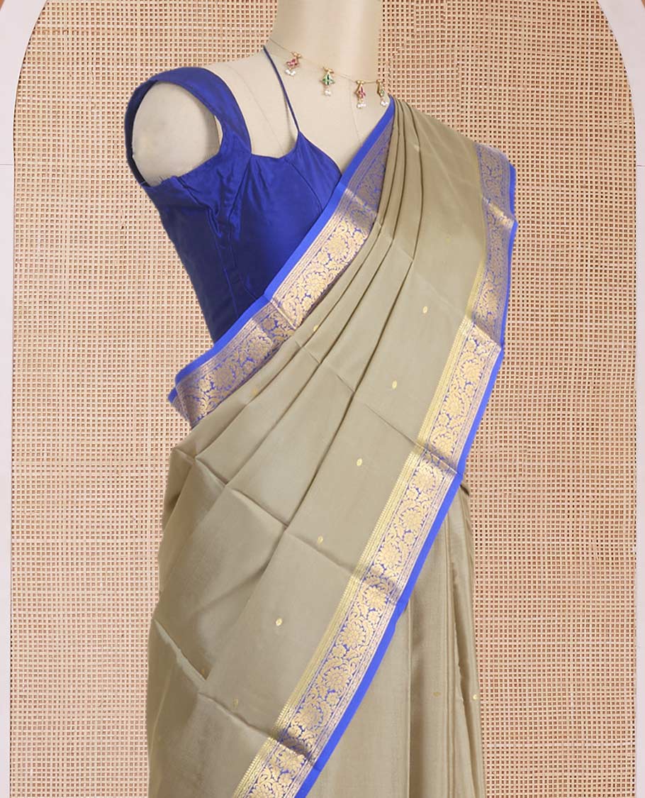 Cement grey zari buttas Mysore silk saree, contrast floral creeper zari border & zari motifs pallu