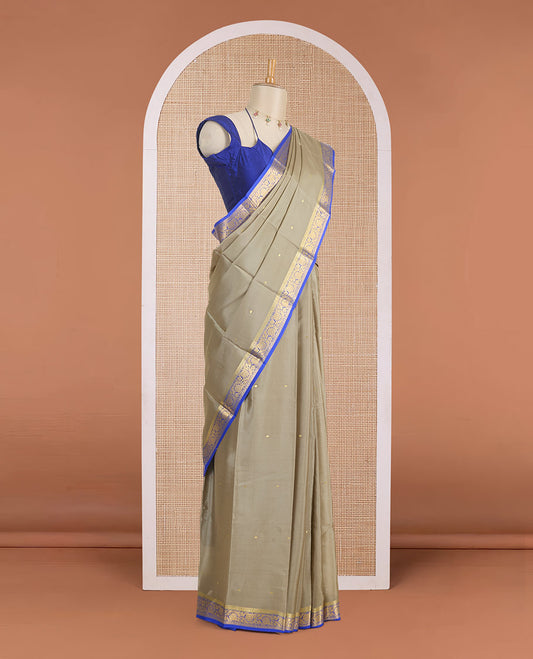 Cement grey zari buttas Mysore silk saree, contrast floral creeper zari border & zari motifs pallu