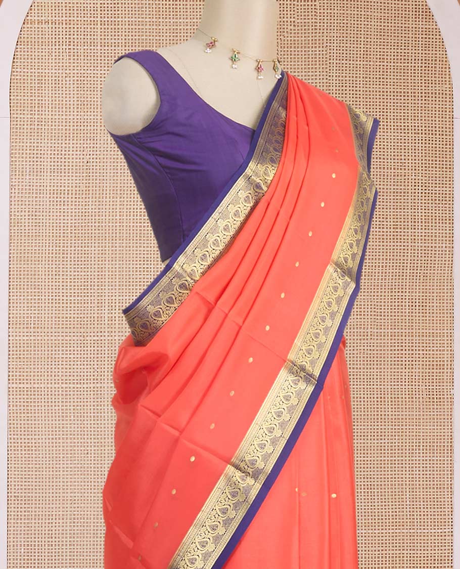 Orange jangiri color zari buttas Mysore silk saree, contrast paisley motifs woven zari border & pallu of zari motifs