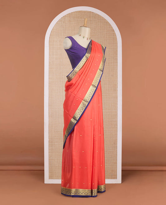 Orange jangiri color zari buttas Mysore silk saree, contrast paisley motifs woven zari border & pallu of zari motifs