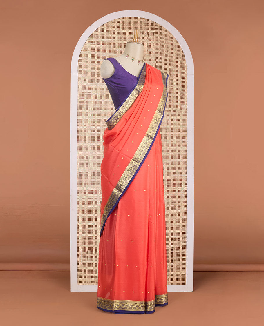Orange jangiri color zari buttas Mysore silk saree, contrast paisley motifs woven zari border & pallu of zari motifs
