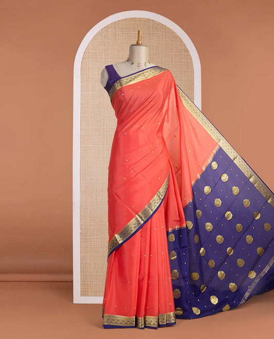 Orange jangiri color zari buttas Mysore silk saree, contrast paisley motifs woven zari border & pallu of zari motifs