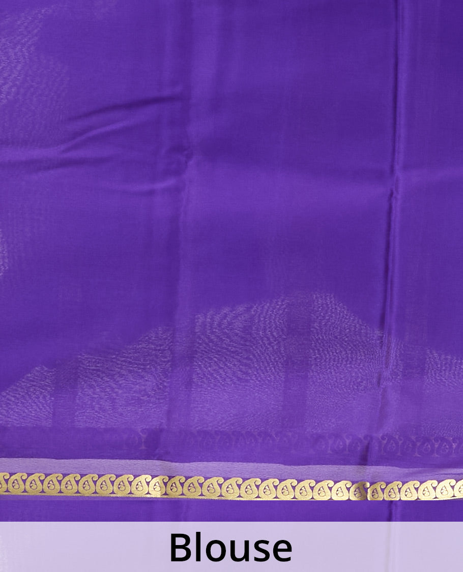 Violet plain Mysore silk saree, golden zari paisley design border & thick-zari striped pallu