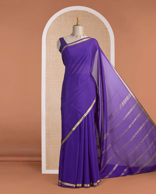 Violet plain Mysore silk saree, golden zari paisley design border & thick-zari striped pallu