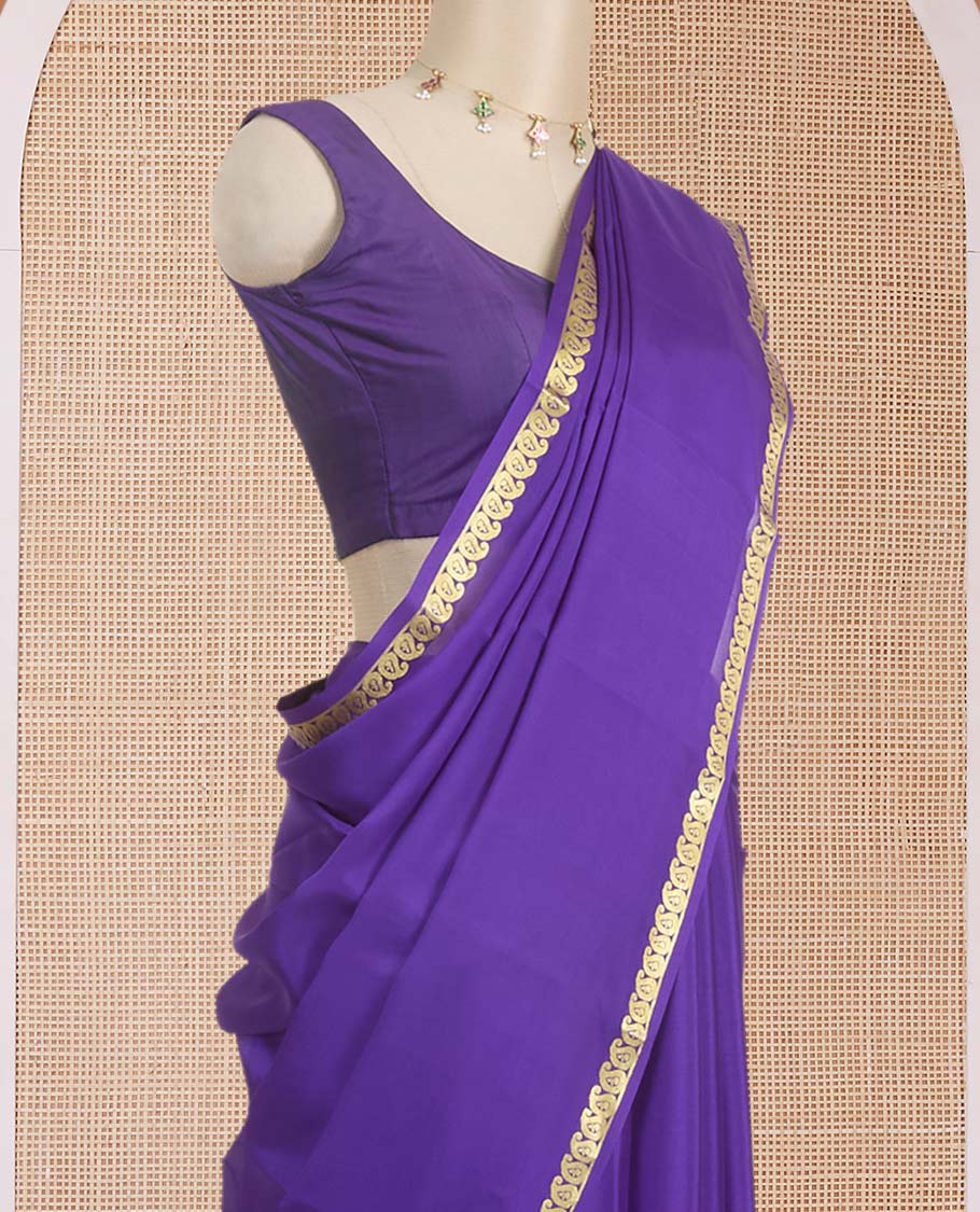 Violet plain Mysore silk saree, golden zari paisley design border & thick-zari striped pallu