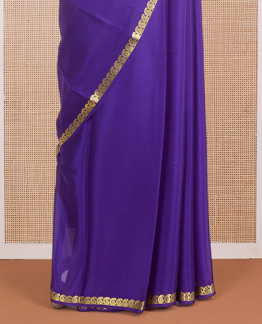 Violet plain Mysore silk saree, golden zari paisley design border & thick-zari striped pallu