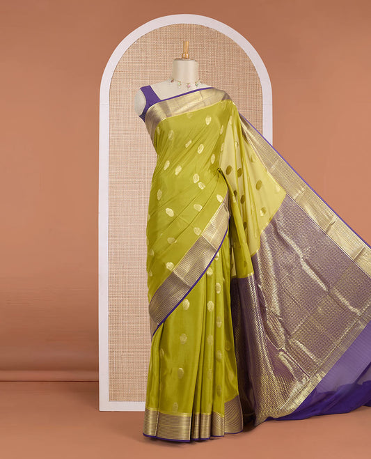 Mehendi green zari buttas Mysore silk saree, contrast traditional zari motifs border & chevron striped pallu