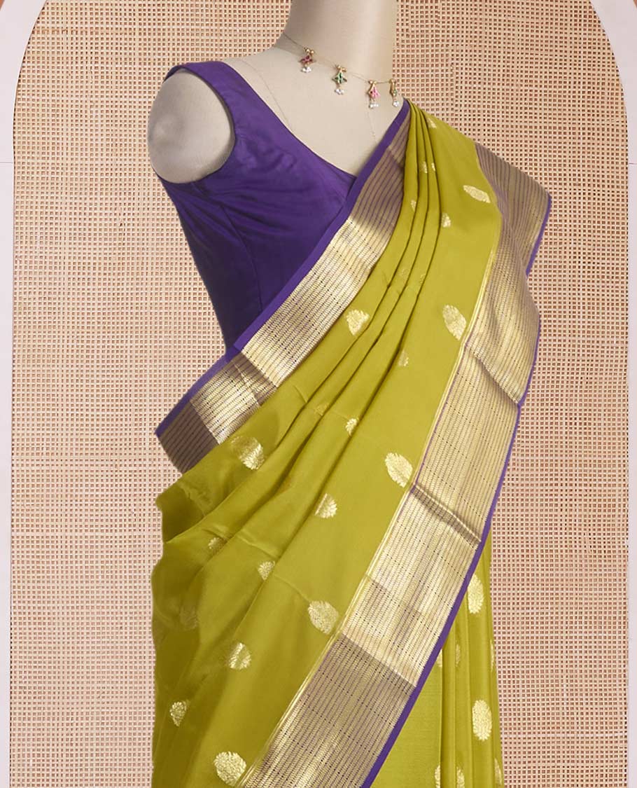 Mehendi green zari buttas Mysore silk saree, contrast traditional zari motifs border & chevron striped pallu