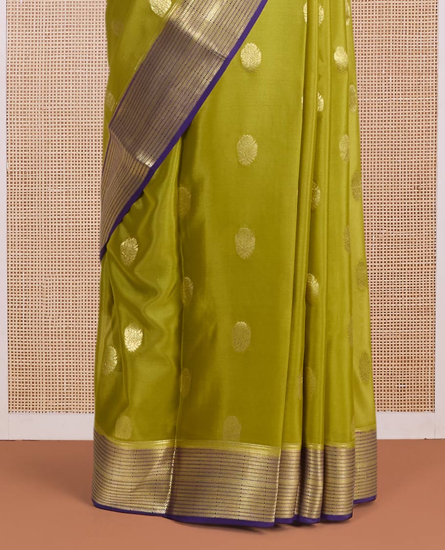 Mehendi green zari buttas Mysore silk saree, contrast traditional zari motifs border & chevron striped pallu