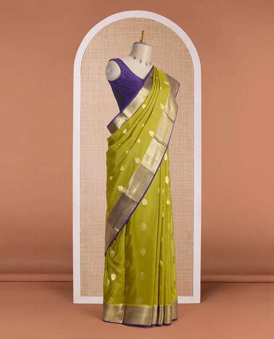 Mehendi green zari buttas Mysore silk saree, contrast traditional zari motifs border & chevron striped pallu