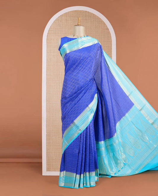 Blue zari buttas enclosed checked Mysore silk saree, contrast temple traditional design zari border & intricate pallu