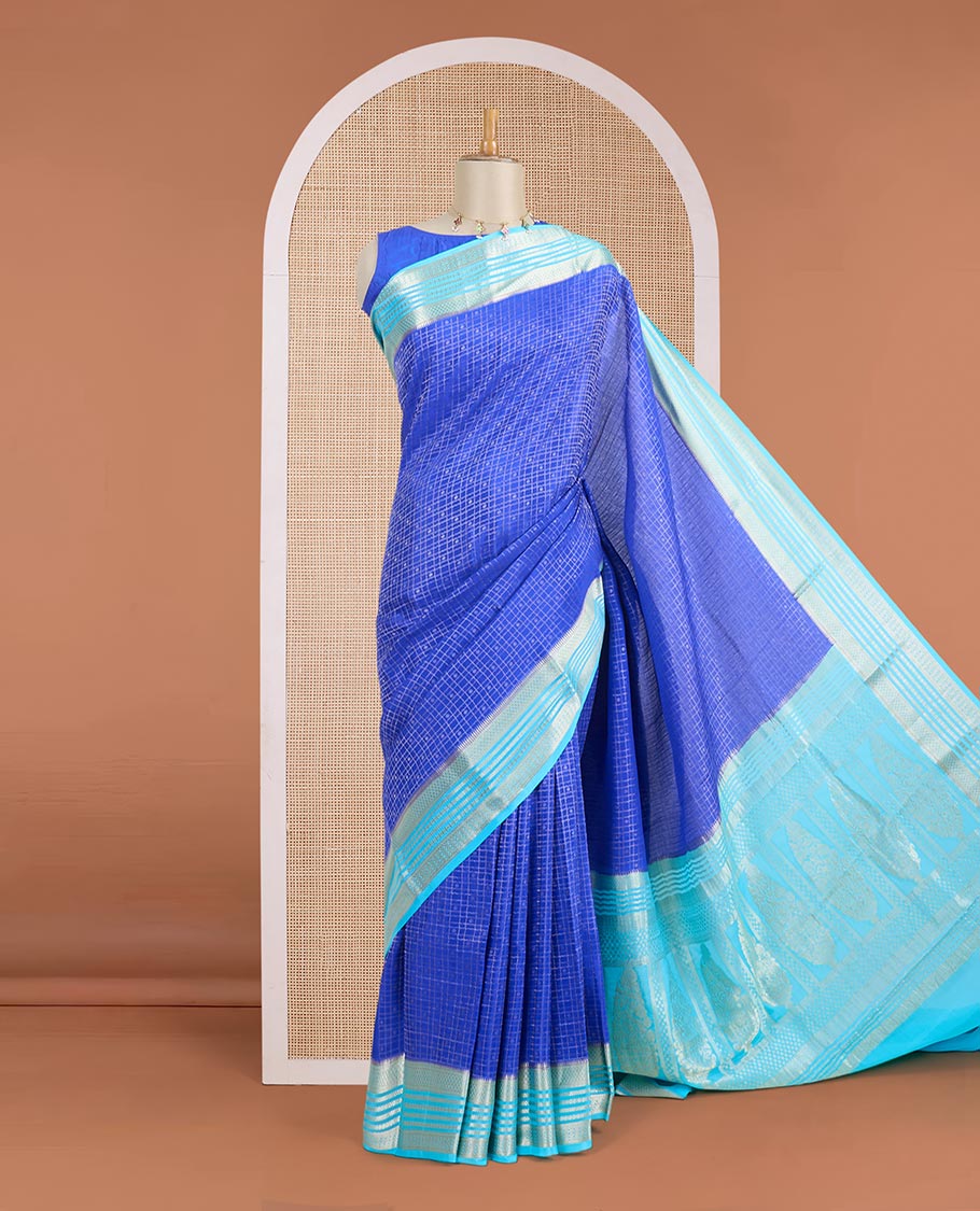 Blue zari buttas enclosed checked Mysore silk saree, contrast temple traditional design zari border & intricate pallu