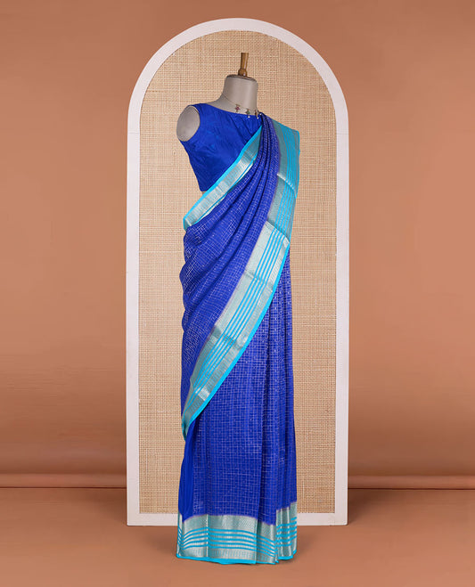 Blue zari buttas enclosed checked Mysore silk saree, contrast temple traditional design zari border & intricate pallu
