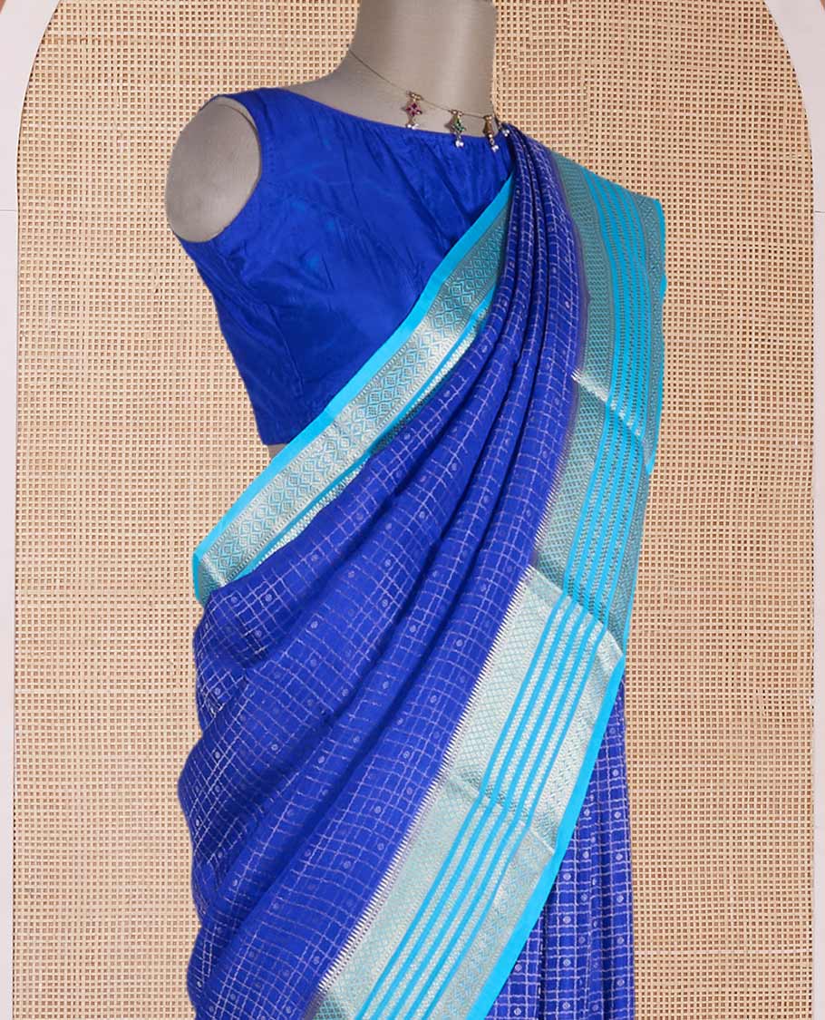 Blue zari buttas enclosed checked Mysore silk saree, contrast temple traditional design zari border & intricate pallu