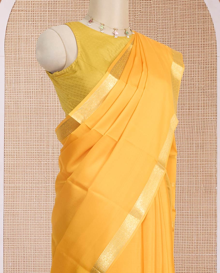 Orange full-plain Mysore silk saree, traditional zari design border & pallu of zari stripes