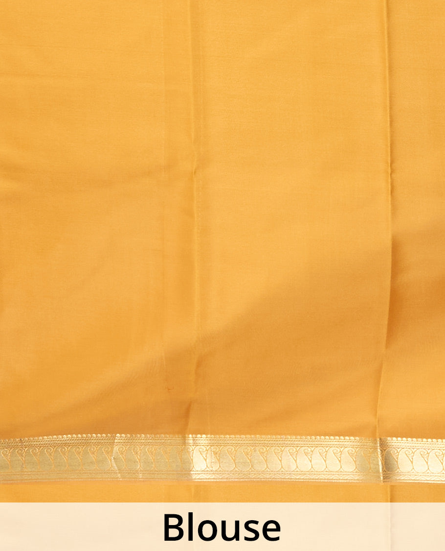 Kesari orange full-plain Mysore silk saree, contrast paisley zari design border & pallu of zari stripes
