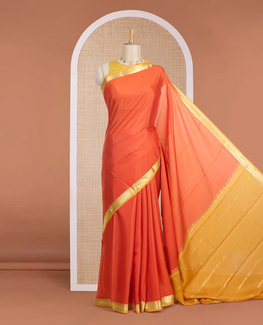 Kesari orange full-plain Mysore silk saree, contrast paisley zari design border & pallu of zari stripes