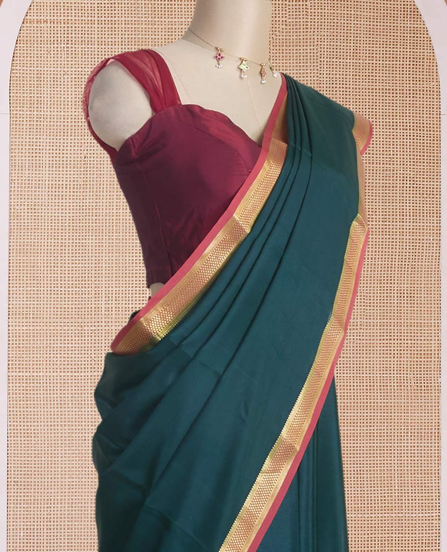 Deep forest green full-plain Mysore silk saree, contrast traditional zari design border & pallu of zari stripes